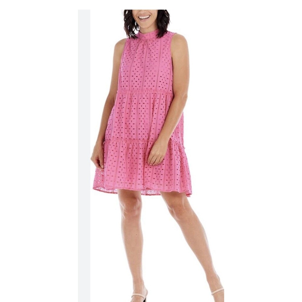 Mudpie 100% Cotton Pink Eyelet Sleeveless Tiered Dress Sz Medium Lined Sundress